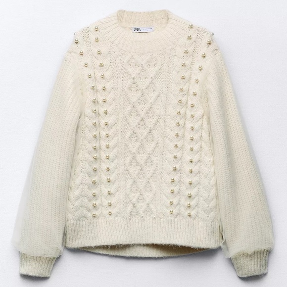 Zara Sweaters - Pearl Cable Knit Sweater Tulle Puff Long Sleeves Top Blouse Relaxed Fit Jumper